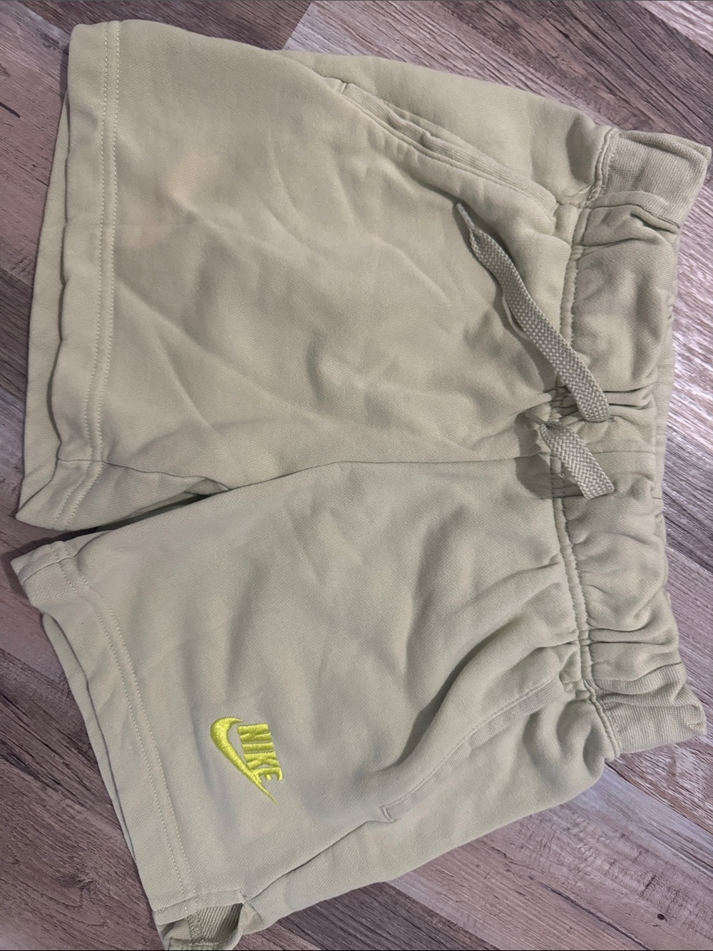 Nike Kids Light Olive Drawstring Shorts with Neon Logo